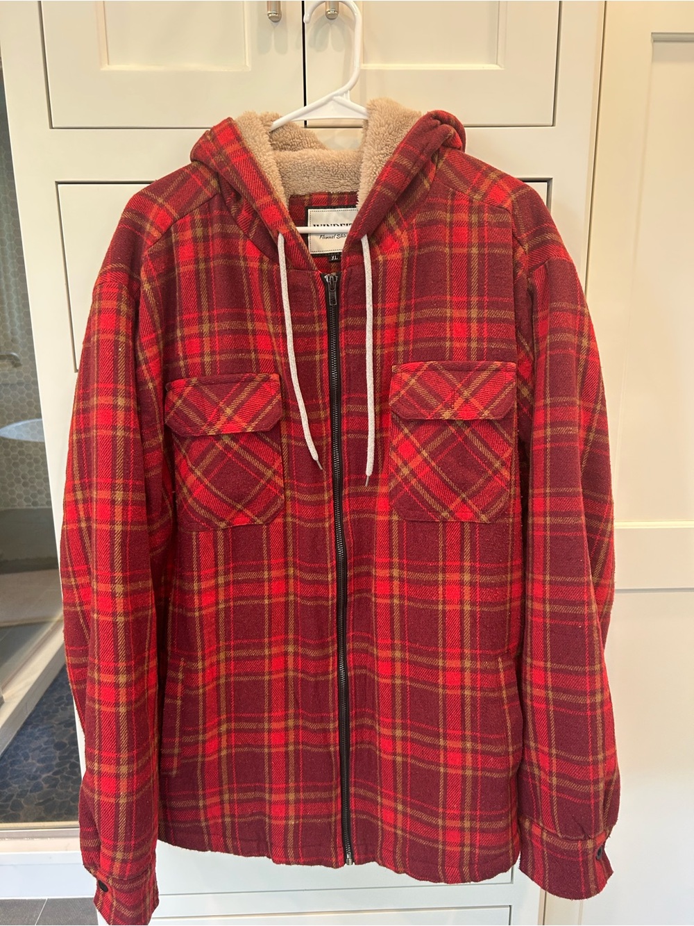 Red Plaid Sherpa-Lined Zip Hoodie Shacket